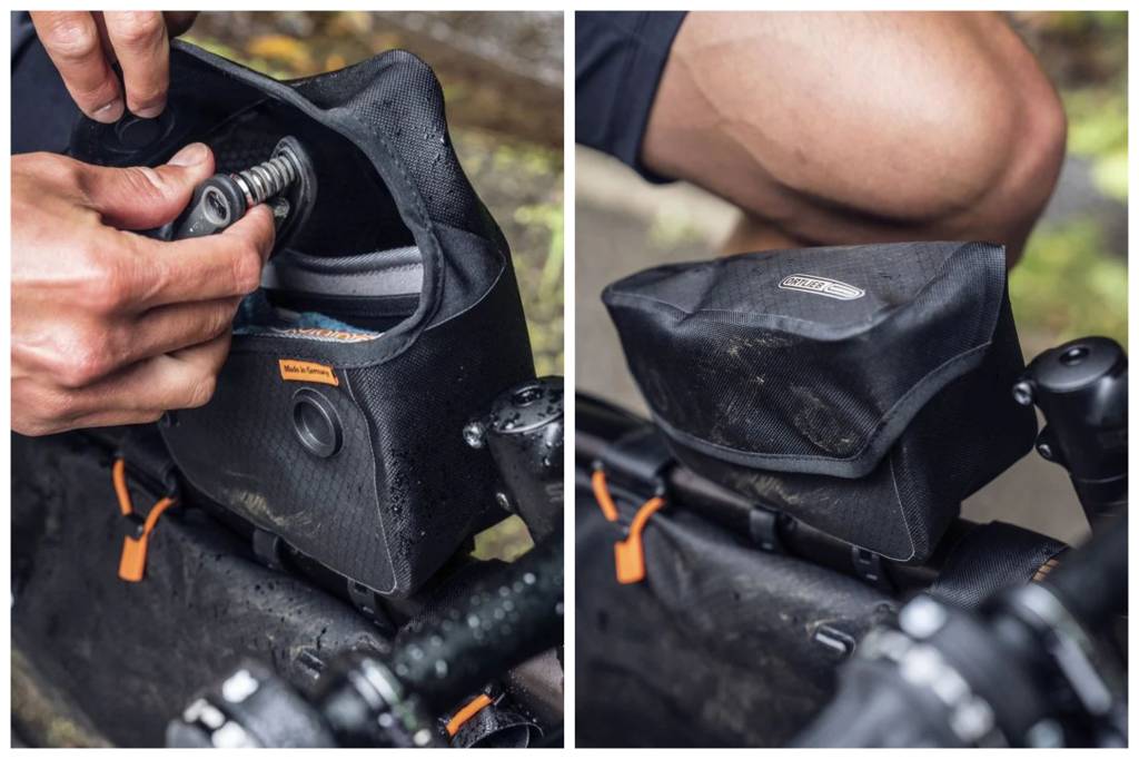 Collage of black top tube bag on bike frame