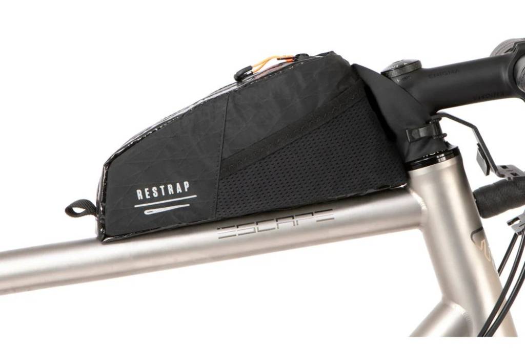 Black Restrap top tube bag on silver bike frame