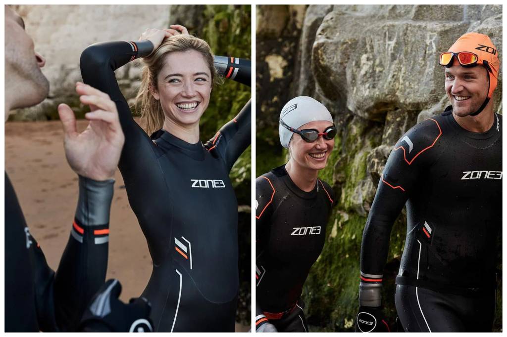 Collage of man and woman wearing thermal wetsuits