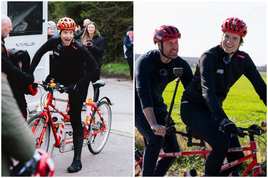 Collage of Greg James and Prince William cycling