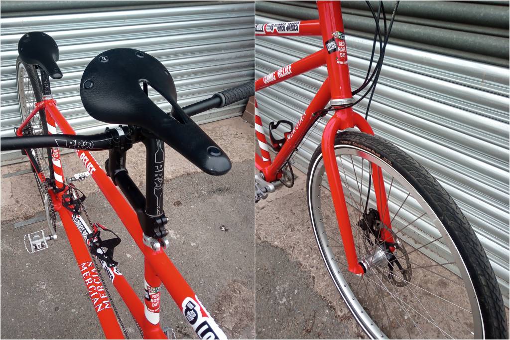 Collage showing tandem saddle and wheels