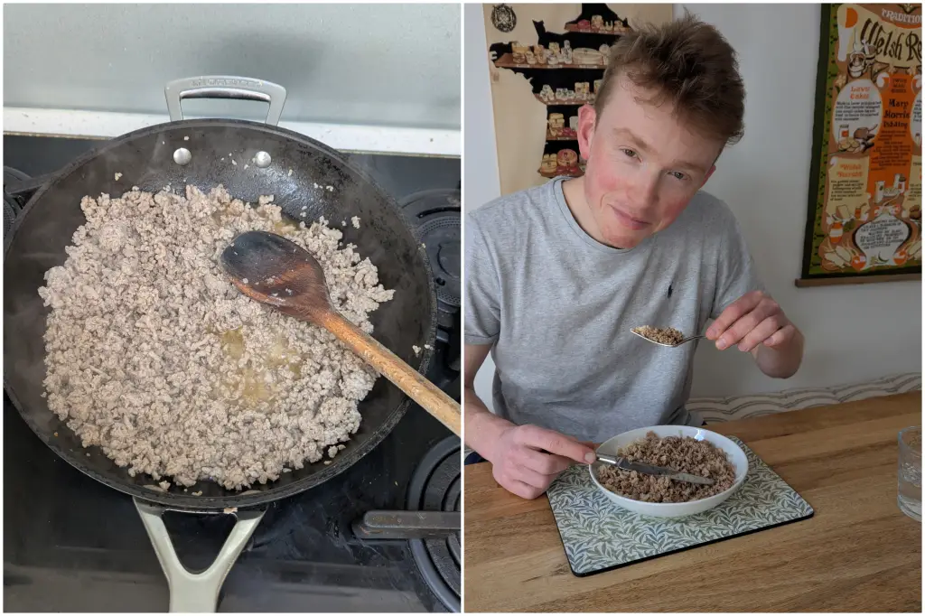 Collage showing pan of mince cooking and man eating