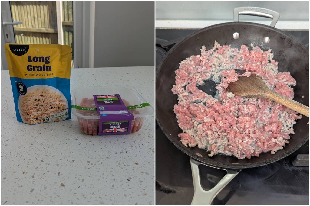 Collage of rice and mince, and frying plan