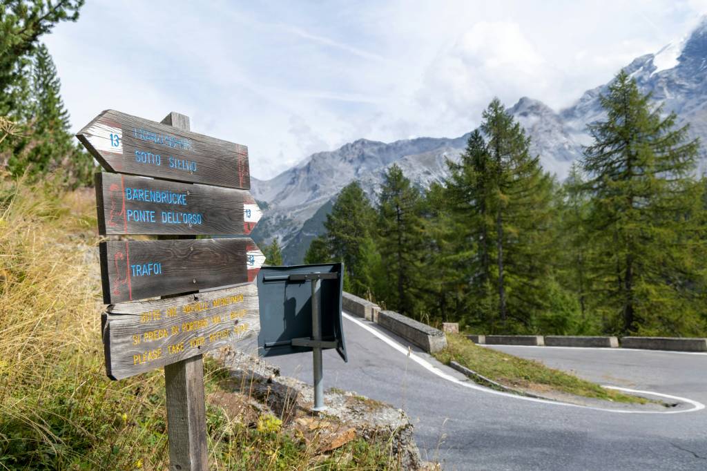 Wooden sign on the side of a mountain road