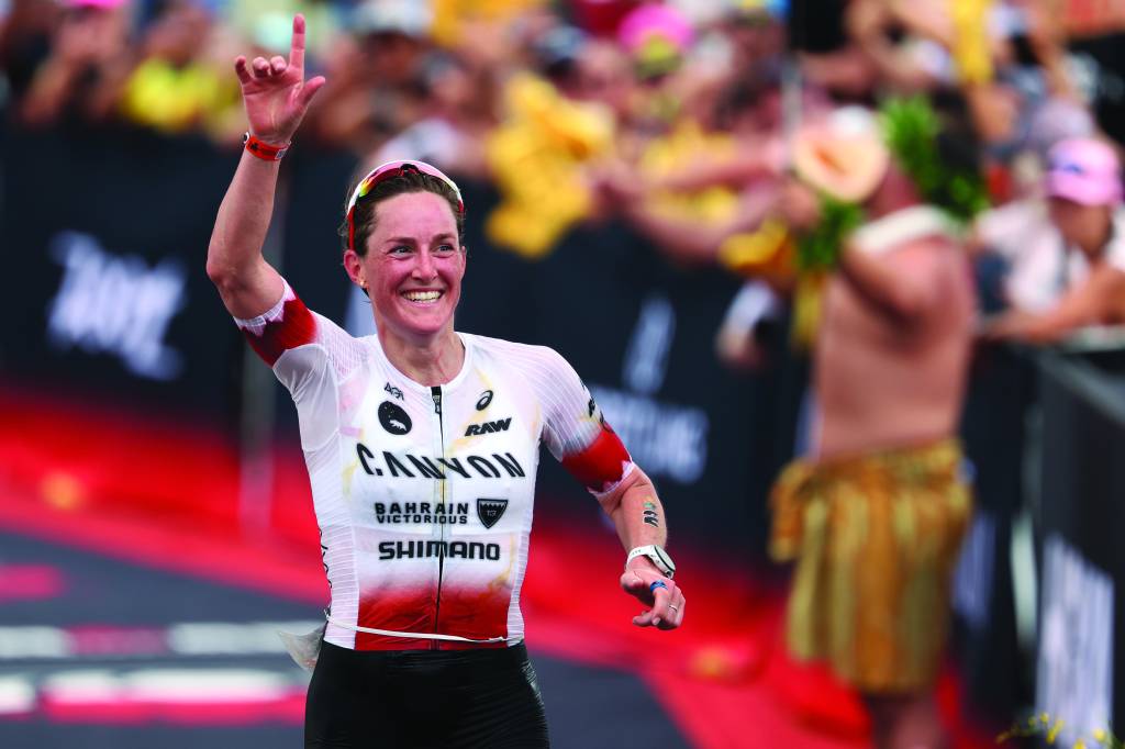 KAILUA KONA, HAWAII - OCTOBER 11: Kat Matthews #2 of the United Kingdom runs toward the finish line in second place during the 2025 IRONMAN World Championship Women's Race on October 11, 2025 in Kailua Kona, Hawaii.