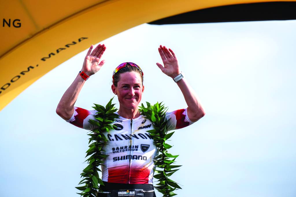 KONA-KAILUA, HI - OCTOBER 11: Women’s Podium (L-R) 2nd place Kat Matthews of Great Britain, 1st Place Sollveig Lovseth of Norway and 3rd Place Laura Phillip of Germany stand on podium during the 2025 IRONMAN Women’s World Championship on October 10, 2025 at the Kailua-Kona, Hawaii.