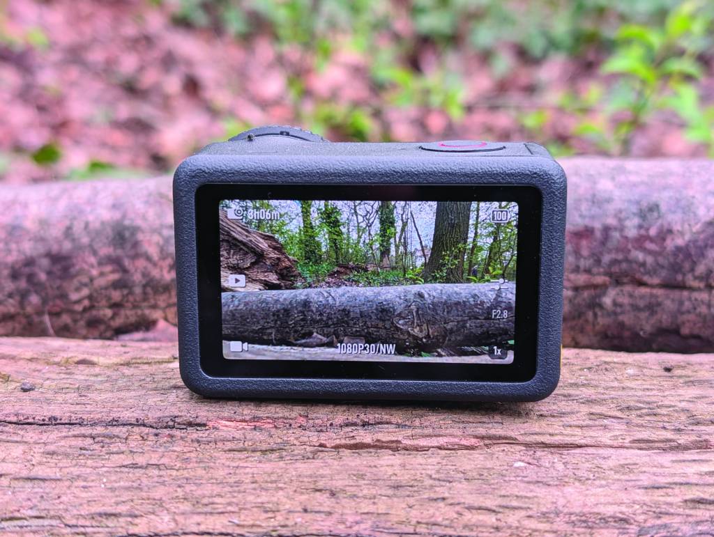 Head-on shot of black action camera screen