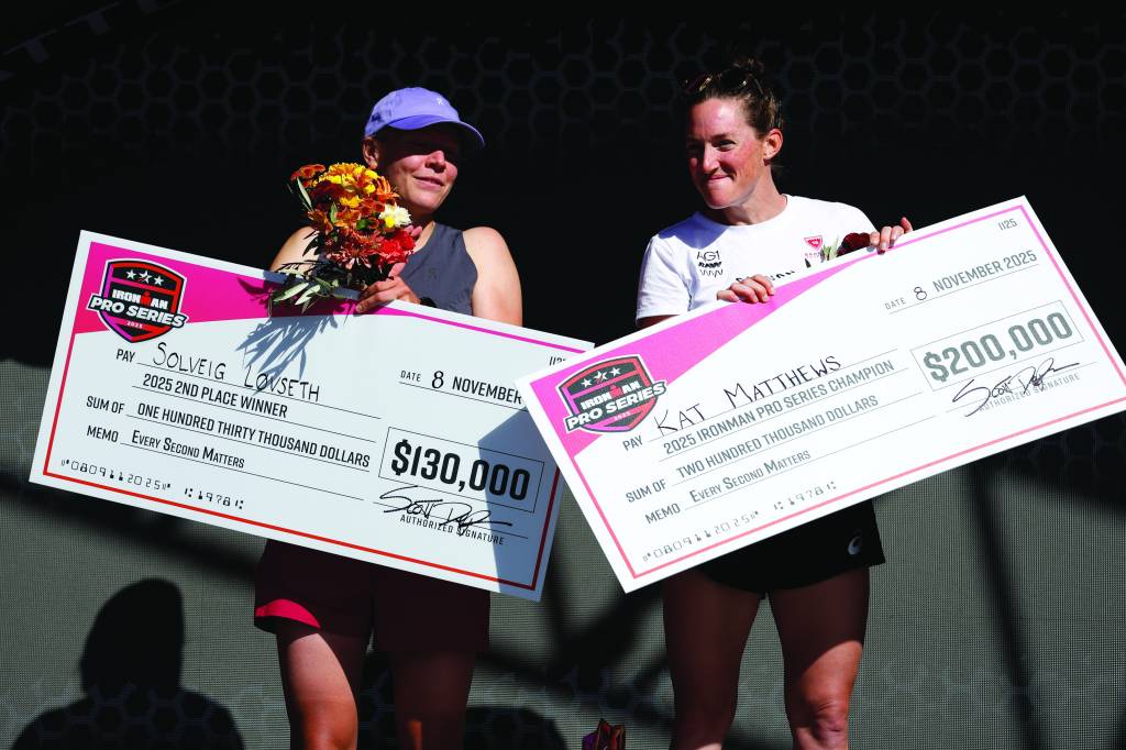 MARBELLA, SPAIN - NOVEMBER 08: Kat Matthews (R) of Great Britain, winner of the Pro Series, and the second, Solveig Lovseth of Norway (L), celebrate after the IRONMAN 70.3 Women’s World Championship 2025 on November 08, 2025 in Marbella, Spain.