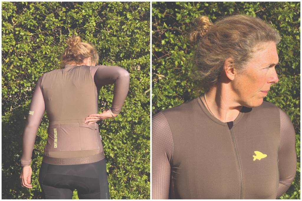 Collage of woman wearing long-sleeve brown cycling jersey