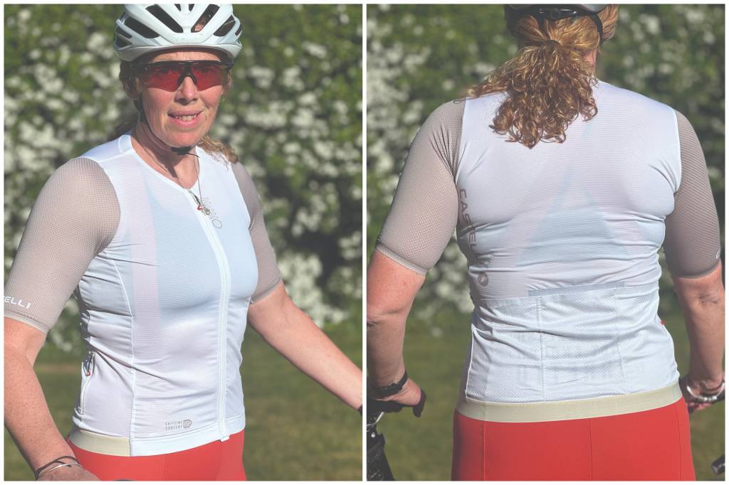 Collage of woman wearing white and beige cycling jersey