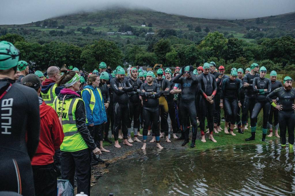 Crown of triathletes waiting to start
