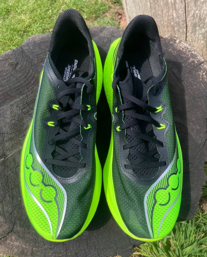 Top-down view of a pair of running shoes