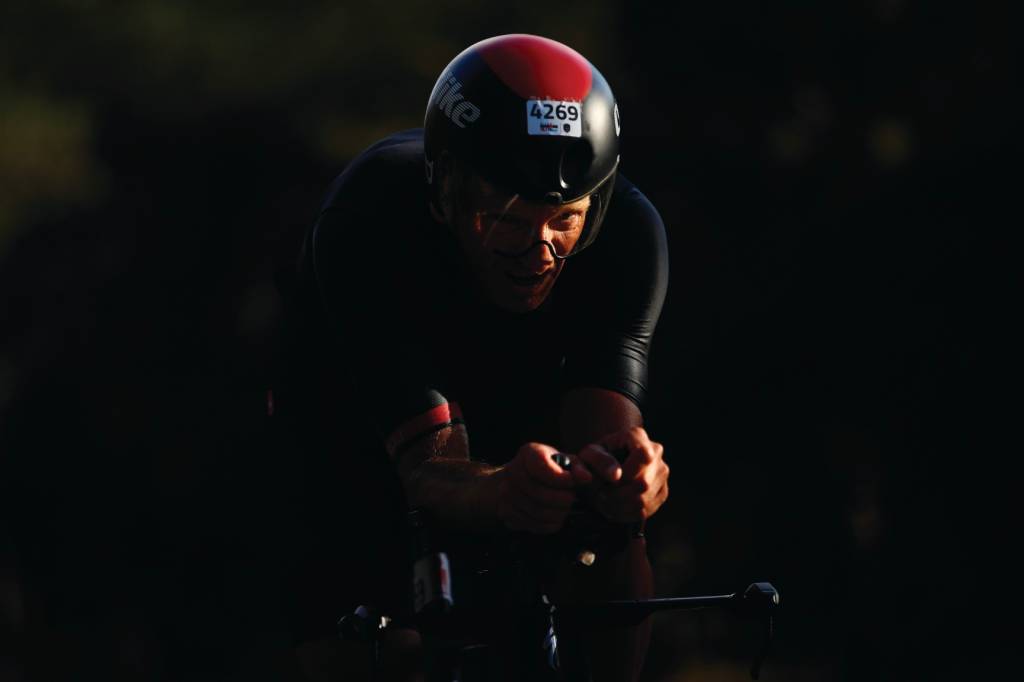 Close-up of a male time-trial cyclist