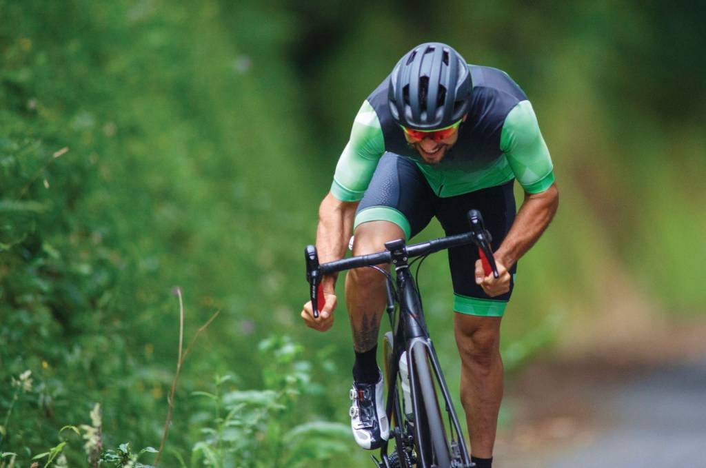 Close-up of a male road cycling racing