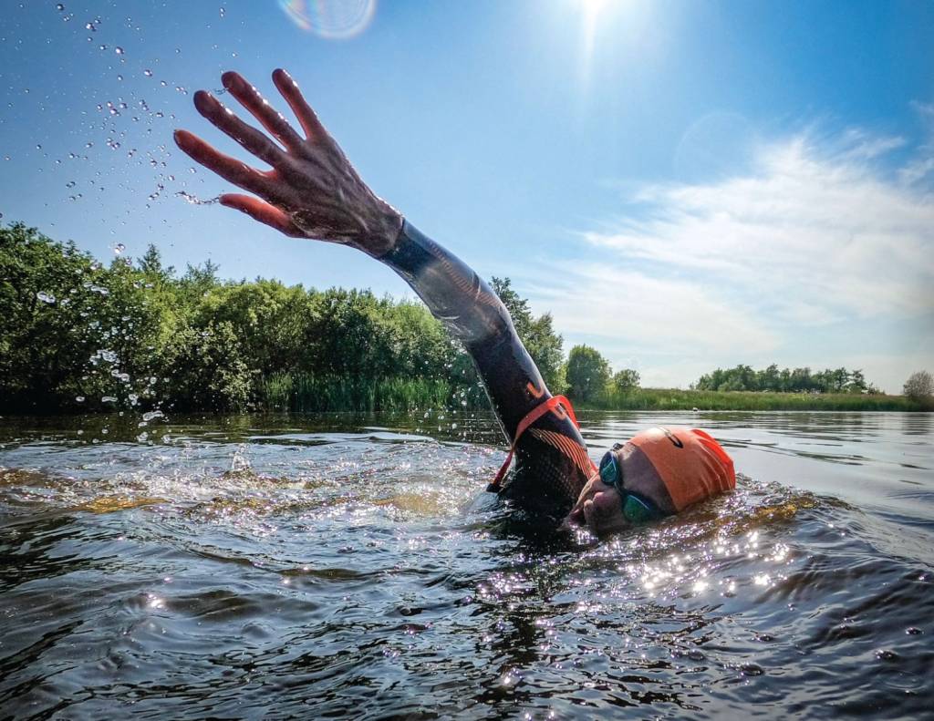 Close-up of a male open-water swimmer
