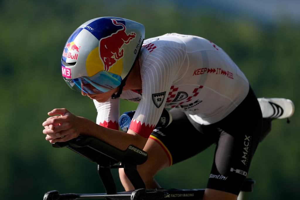 LAKE PLACID, NEW YORK - JULY 19: Marten Van Riel of Belgium competes on the bike course of the 2026 Athletic Brewing IRONMAN Lake Placid on July 19, 2026 in Lake Placid, New York. (Photo by Patrick McDermott/Getty Images for IRONMAN)